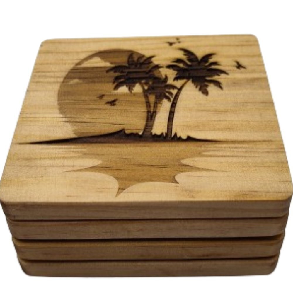 4" Wood Engraved Coasters. The Phoenix, Bird of Paradise, Shark, Tropical Island - Picture 4 of 8